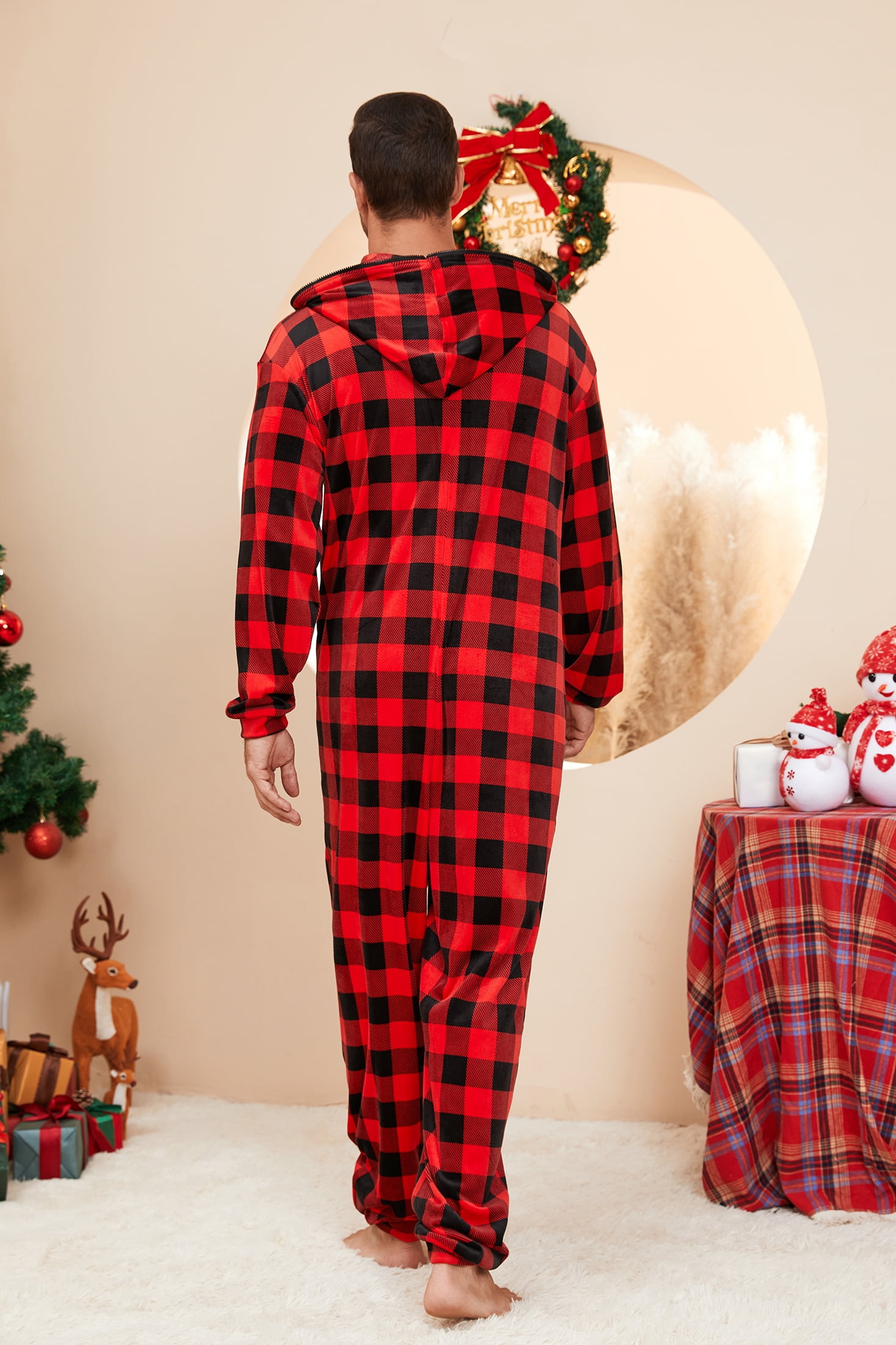 U2SKIIN Pajamas for Men Onesie, Zipper Matching Jumpsuit for Couples Ultra Soft Plaid Hooded Pjs Set,(Buffalo Plaid-Red,S)