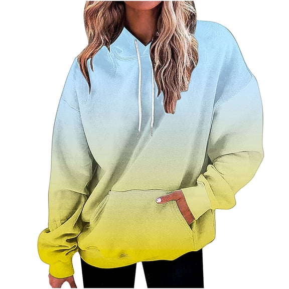 QTBIUQ Women Fall and Winter Gradient Print Hooded Sweatshirt Long Top Long Sleeved Pocket Light Blue