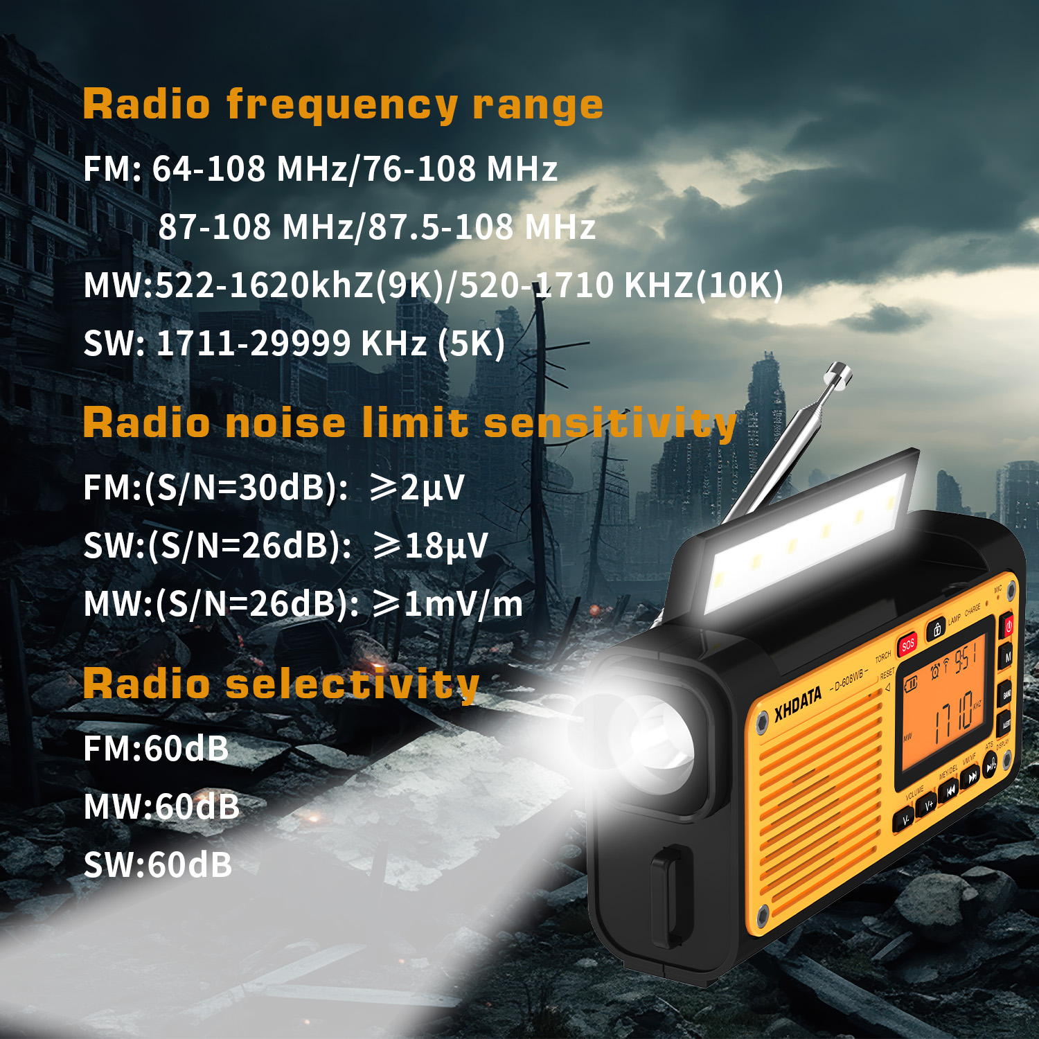 XHDATA D608WB - Emergency Weather Hand Crank Radio FM/AM/SW/NOAA Alert Portable, Bluetooth MP3, USB/Solar/Hand Crank Charging, Flashlight, Reading Lamp and SOS Alarm
