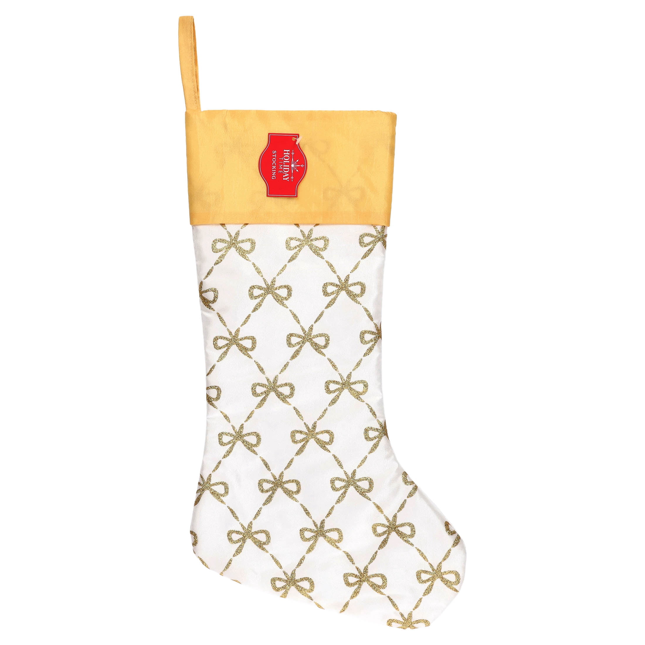 Satin Glitter Bow Christmas Stocking, White and Gold, 18", by Holiday Time