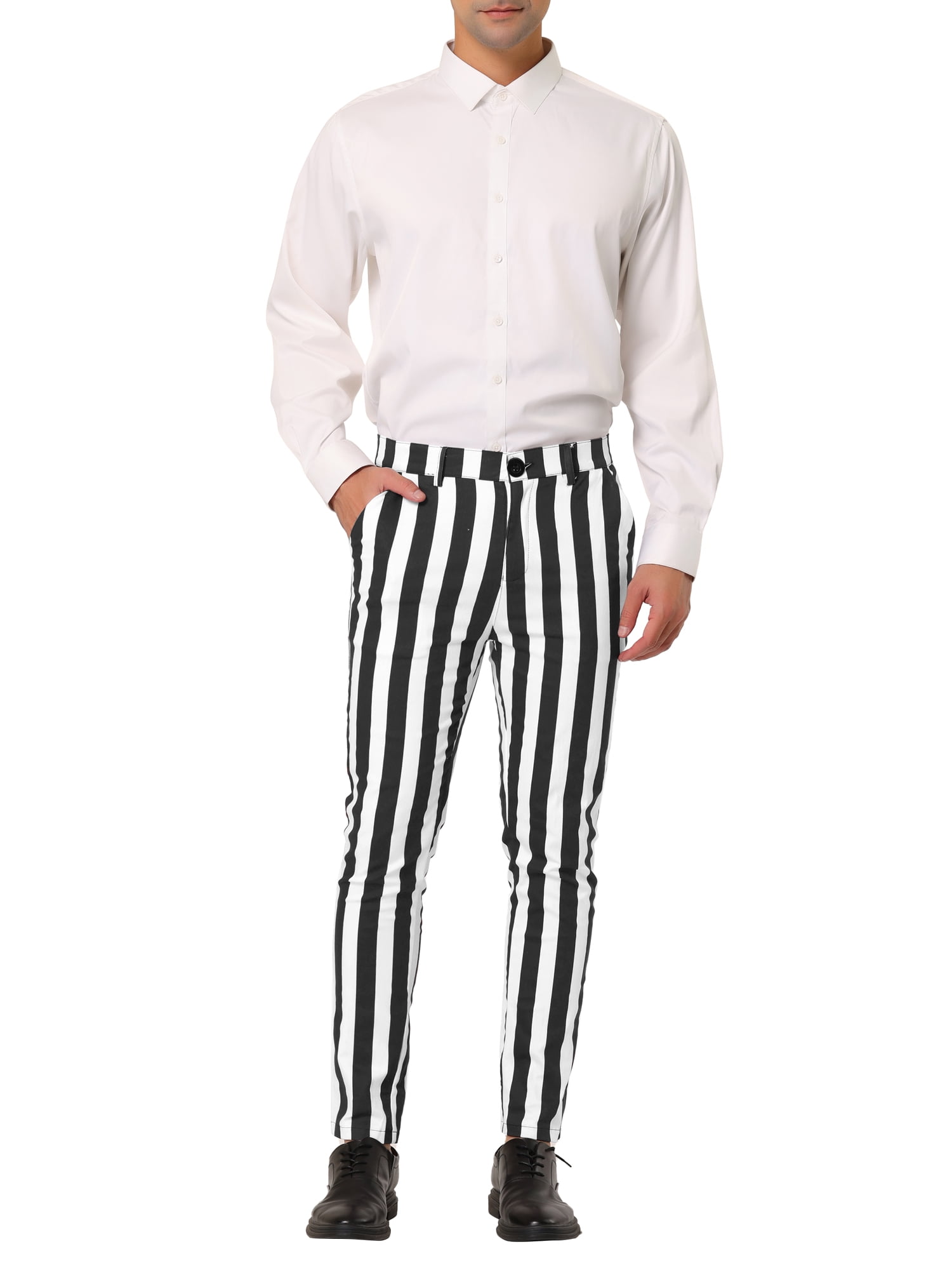 Unique Bargains Men's Striped Pants Business Skinny Fit Color Block Trousers 32 Black White