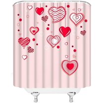 Valentine''s Day RV Shower Curtain Small Stall,Red Pink Heart Striped Love Couple Sweet Romantic Boho Bathroom Decor Curtain with Hooks,