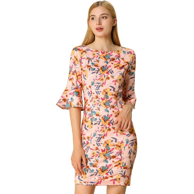 Allegra K Vestido Tubo Floral Con Cuello De Campana Manga Larga Por Encima De La Rodilla Para Mujer Rosa XL Unique Bargains ajustado