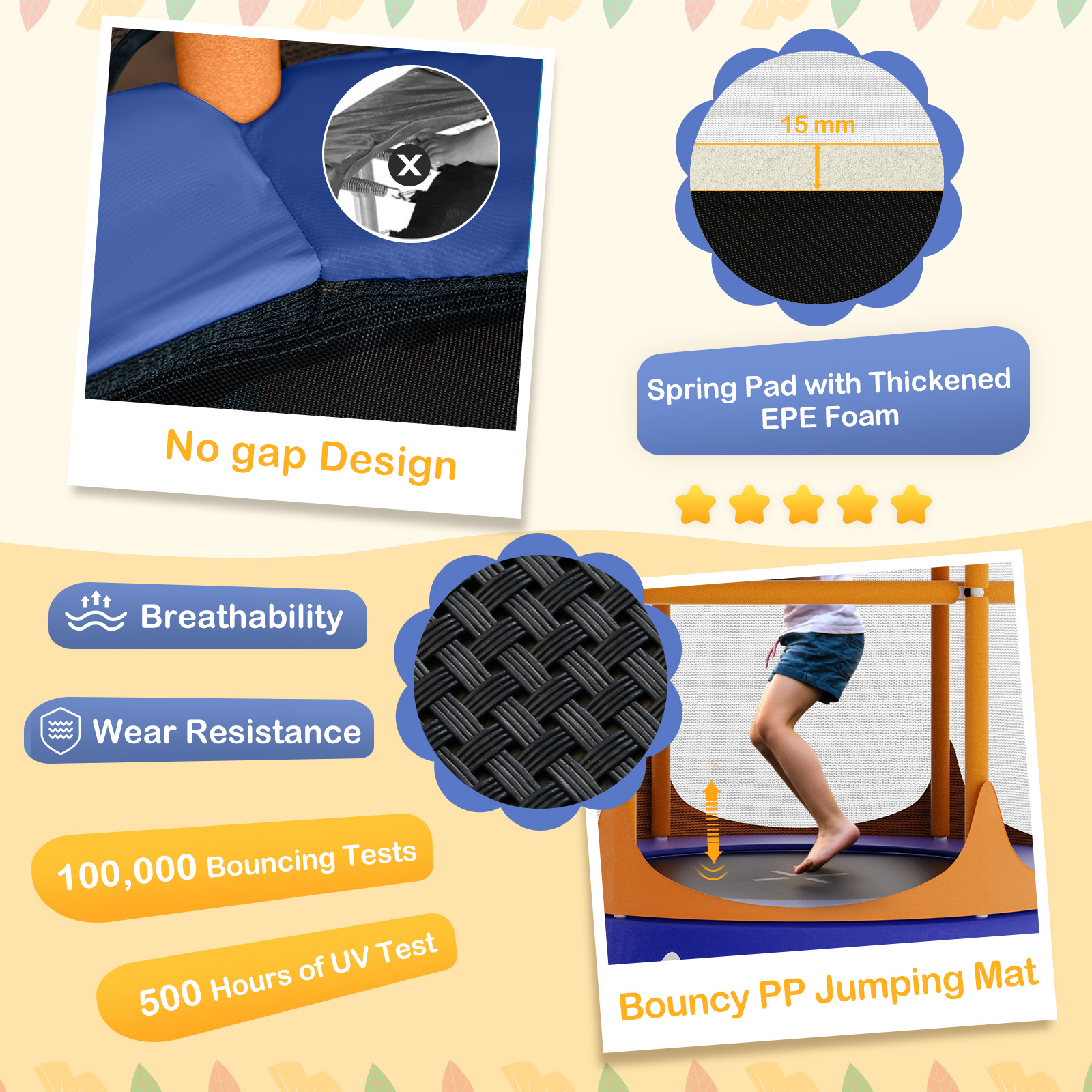 Infans 64" Kids Trampoline w/ Detachable Canopy Safety Enclosure Net Foam Handle Orange
