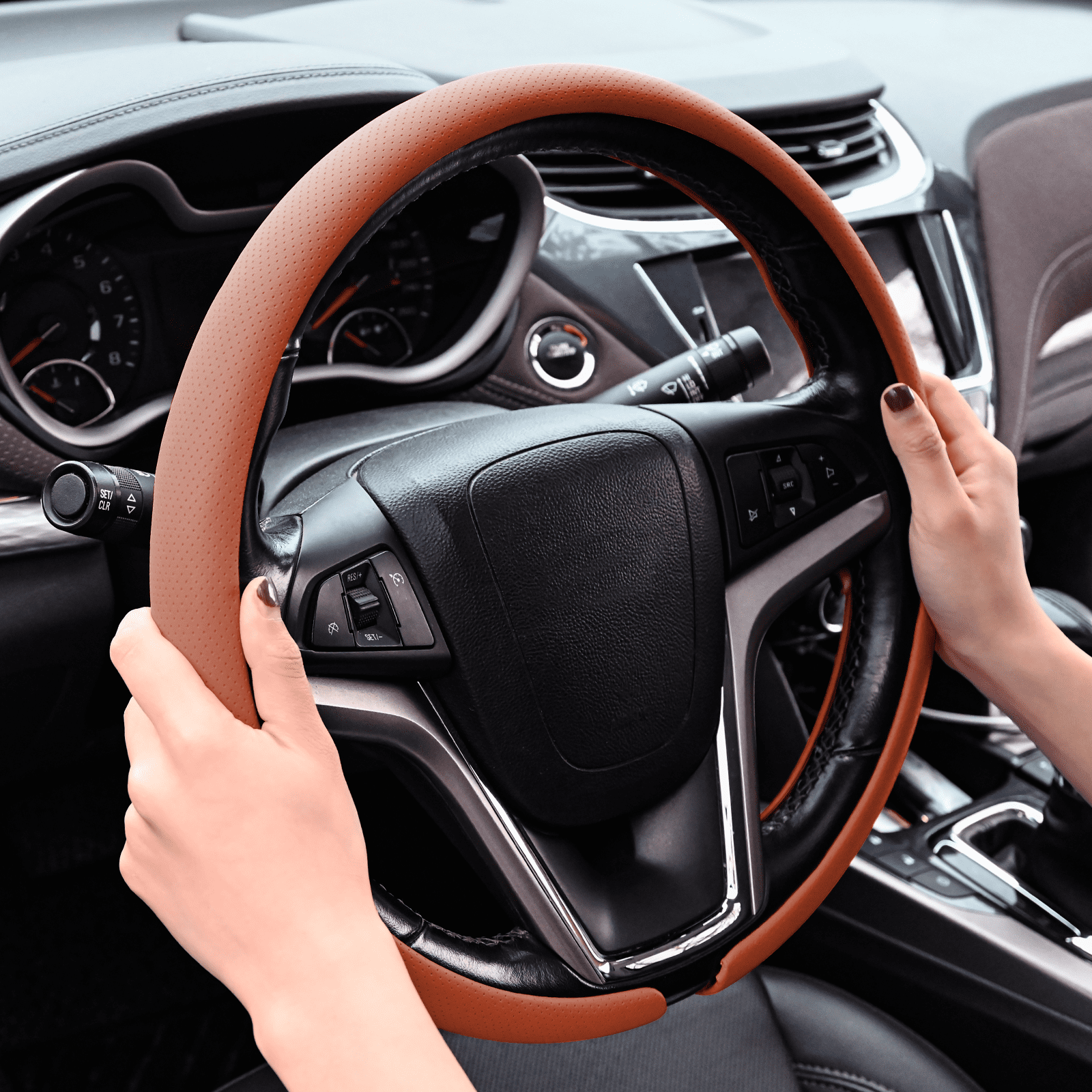 Nappa Leather Steering Wheel Cover Slim and Lightweight, Anti-Slip Grip, Breathable Material - Universal Fit for 14.5-15 Inch Cars and SUVs