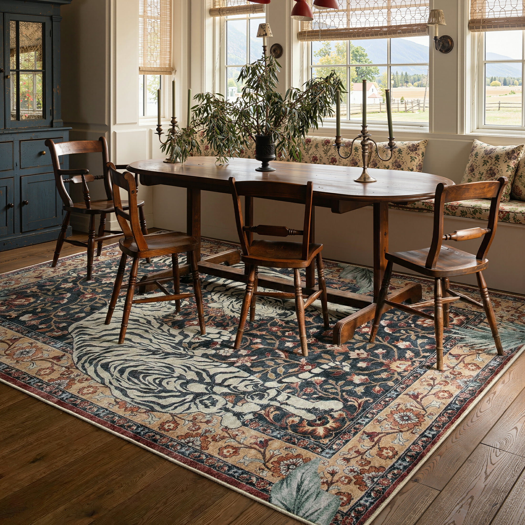 Moynesa 5'x7' Vintage Tiger Area Rug, Washable Traditional Oriental Rug for Living Room Bedroom Dining Room, Distressed Botanical Floral Accent Carpet, Low Pile Non Slip Stain Resistant, Burgundy
