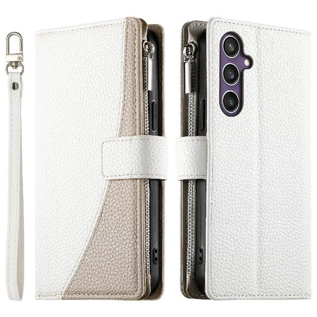Funda cartera GANGXUN para Samsung Galaxy S23 FE , cuero PU con tarjetero, cremallera, correa de mano, soporte y protección 729°