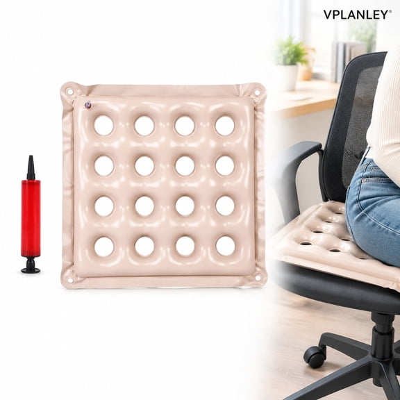 VPLANLEY Pressure Relief Portable Inflatable Waffle Seat Cushion 1 Pack with Air Pump for Long Sitting Office Chair Car Seat Wheelchair, Beige（18.5x18.5 Inch）