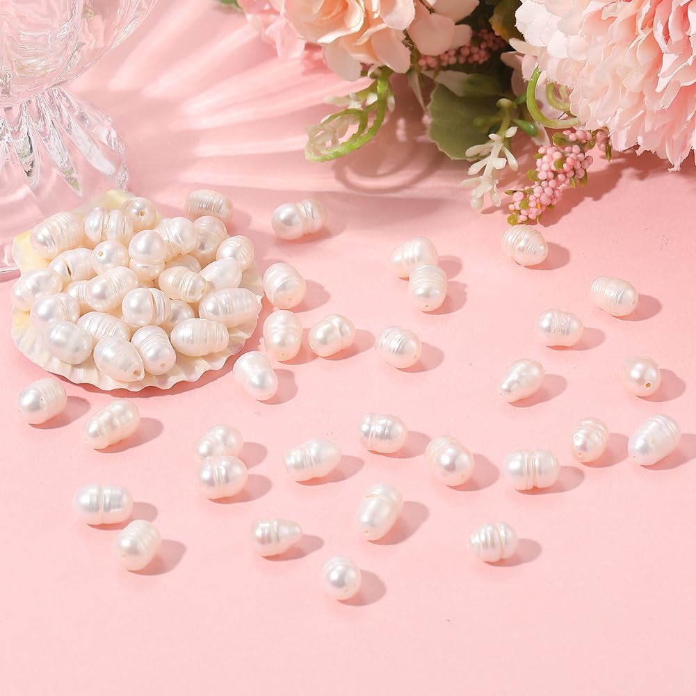 1 Box 100PCS Beige Baroque Natural Rice Shaped Pearls Beads with Holes Irregular Cultured Freshwater Summer Oval Loose Pearl Bead Bulk for DIY handcrafting