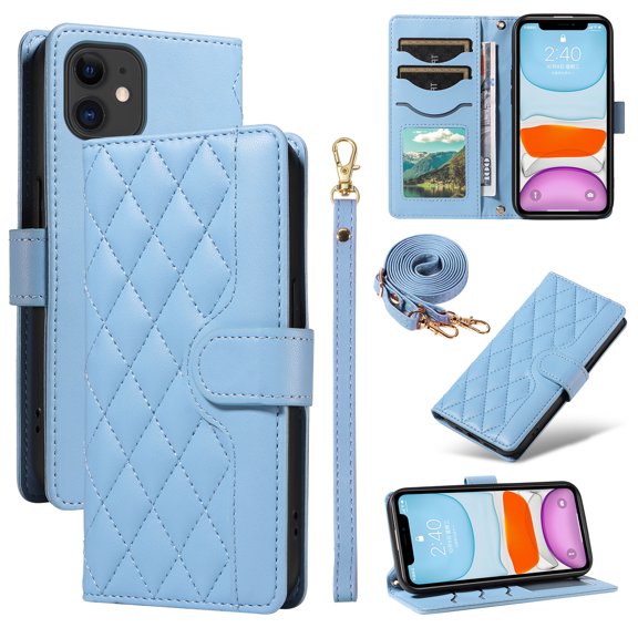 Crossbody Wallet Case for iPhone 11, Credit Card Slots Elegant PU Leather Magnetic Closure Shoulder Strap Purse Phone Case Flip Kickstand Full Body Protection Cover for Women Girls, Blue