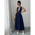 thumbnail image 5 of Navy Blue Sleeveless A-Line Maxi Dress With Contrast Tie Neck, Ruched Waist, Elegant Daily Wear, 5 of 8
