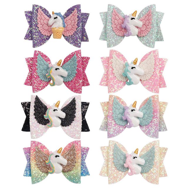 Volepet 8 lazos para el pelo de unicornio, lazos de cinta de grogrén con purpurina de 3 pulgadas con pinzas de cocodrilo para niños pequeños