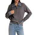 thumbnail image 3 of Women'S Denim Spliced Collar Zip‑Up Knit Cardigan Top Dark Gray One size, 3 of 7