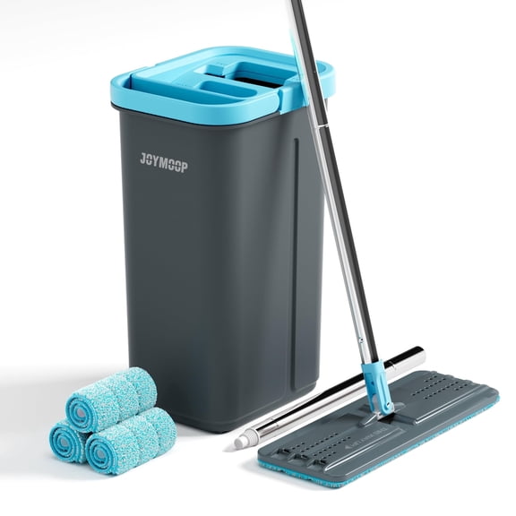 JOYMOOP Mop and Bucket Set with Wringer, with 3 Reusable Microfiber Mop Pads, Mops for Floor Cleaning and Wall Cleaning, Hands-free Flat Mop for Home Use - Grey Cyan Blue