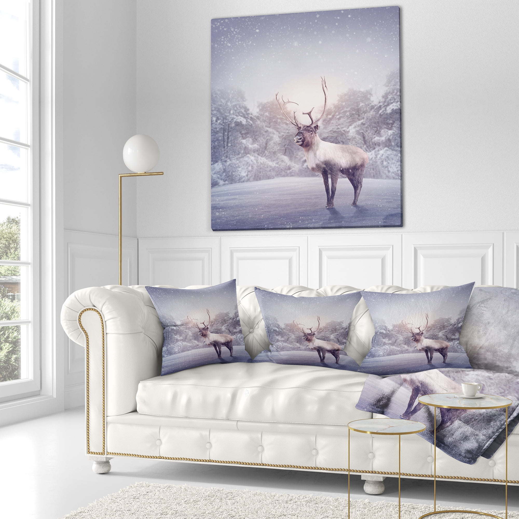 Designart Huge Reindeer Standing in Snow - Animal Throw Pillow - 16x16