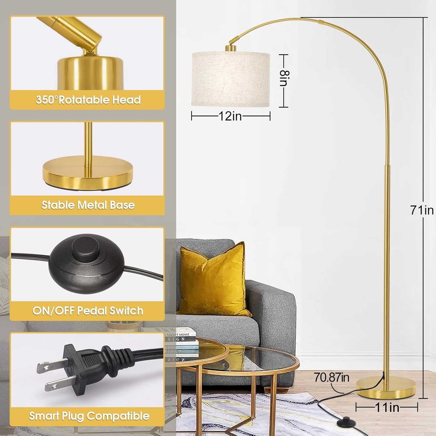 Gold Floor Lamp, Floor Lamp for Living Room with Adjustable Lampshade, Modern Tall Standing Lamp with On/Off Foot Switch, Over Couch Reading Light for Reading, Bedroom, Office