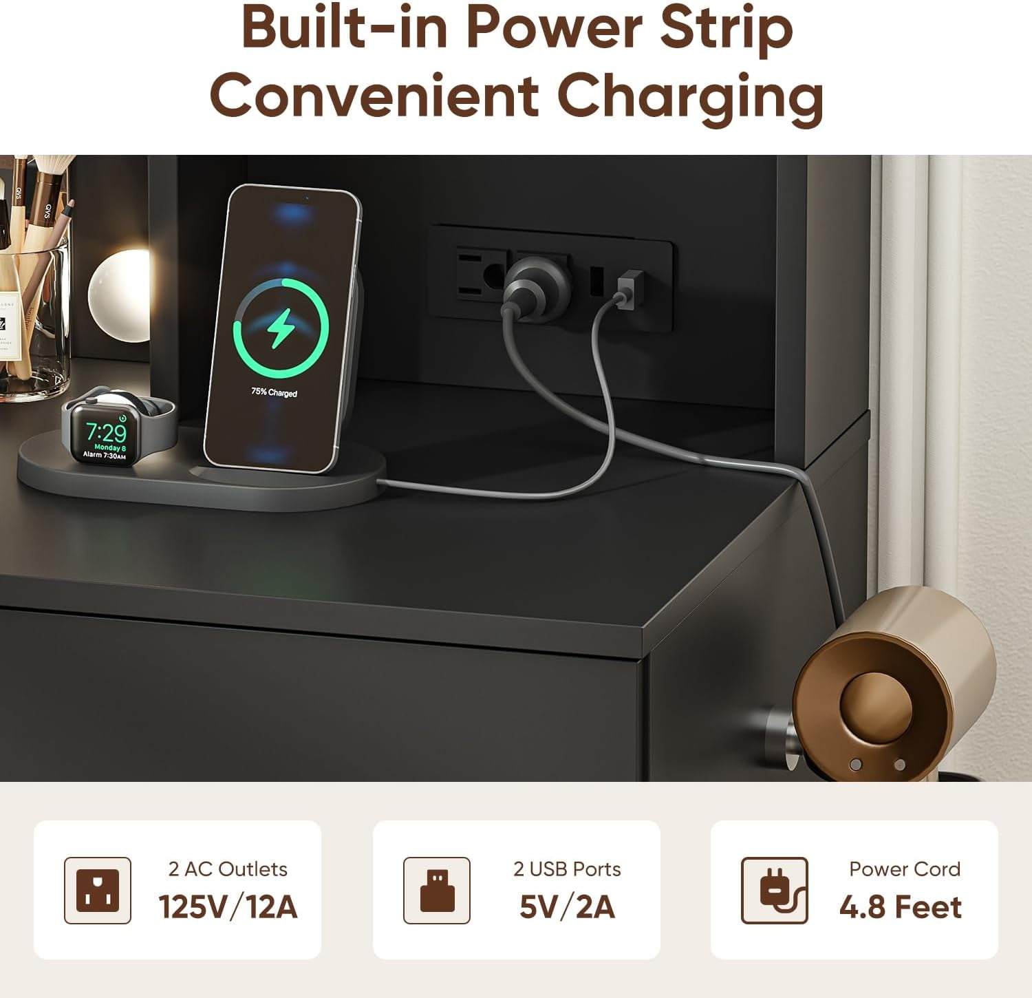 Raffle Pinker Vanity Desk Makeup Dressing Table with Mirror and Lights,4 Drawers,Storage Shelves,Power Outlet,Black