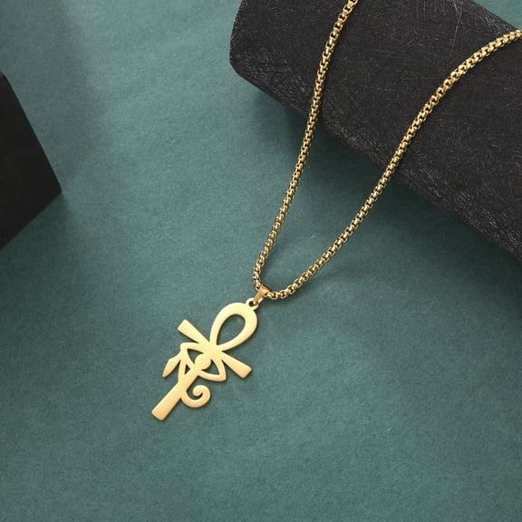 Egyptian 304 Stainless Steel Eye of Ra Ankh Cross Pendant box Chain Necklaces Golden 23.62 inch(60cm)