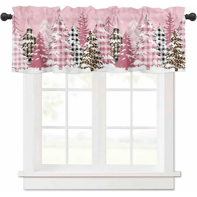 Pink Xmas Tree Valance Curtains for Kitchen Window 54" W x 18" L, Pink Plaid and Leopard Christmas Tree Rod Pocket Small Curtain for Living Room Winter Snowflake Valances for Windows/Bathroom/Bedroom