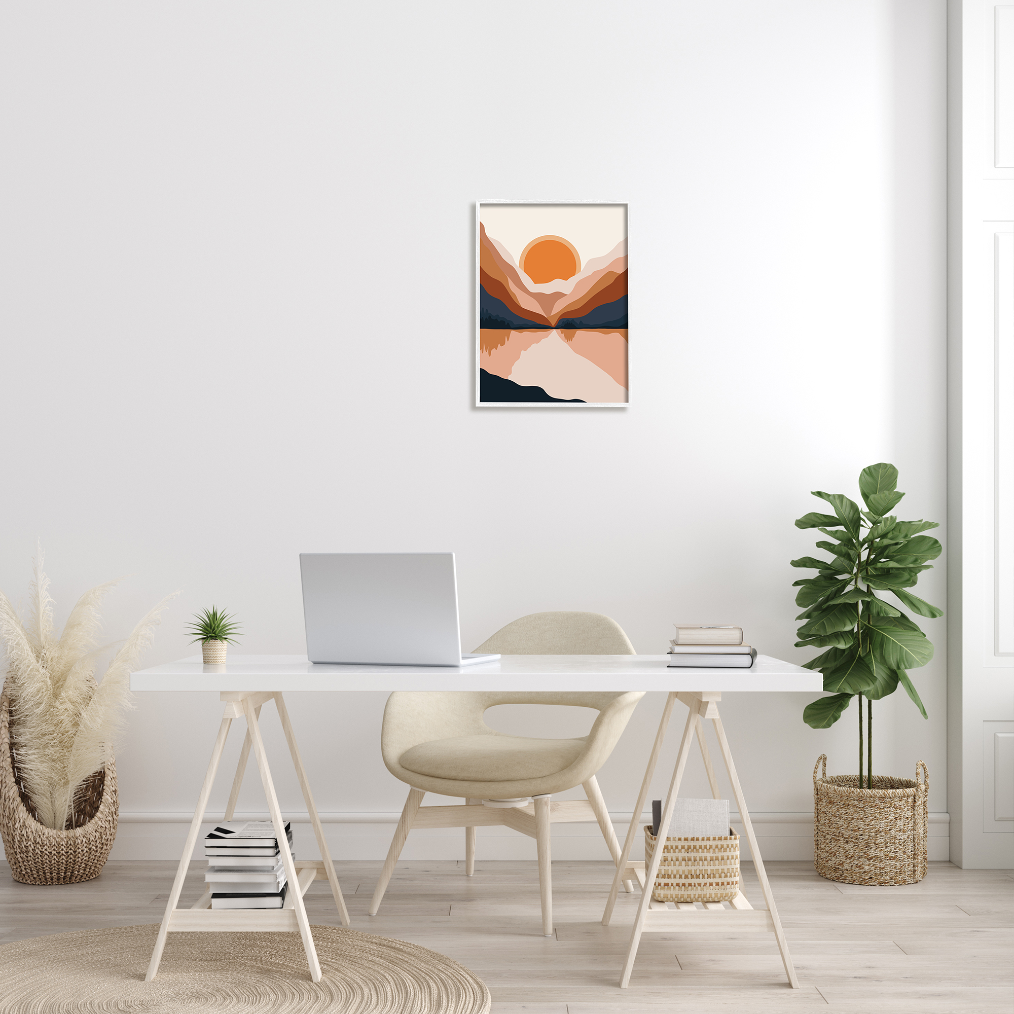 Stupell Industries Vibrant Orange Sunrise Minimal Mountain Lake Abstraction Rustic Painting White Framed Art Print Wall Art, 16 x 20, Design by Ros Ruseva