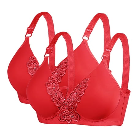 WREESH Women s 2 Pack Push Up Bra No Underwire Full Support Bras Wireless Comfort Everyday Bras Embroidered Plunge Bra Underwear Red