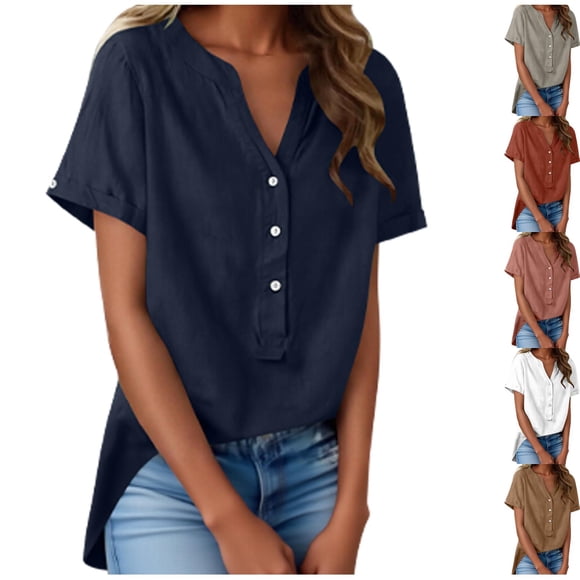 Neewe Button Down Shirts for Women Cotton Shirts Short Sleeve Dress Shirts Collared Blouses Work Casual Solid Tunic Tops