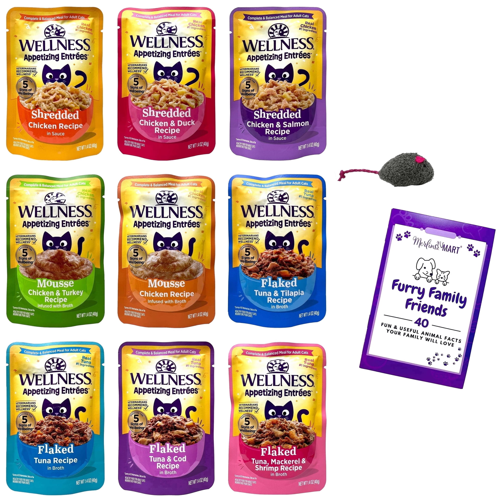 Wellness Appetizing Entrees Adult Wet Cat Food Variety 9-Pack with MerlinsMart Zine | Catnip Toy