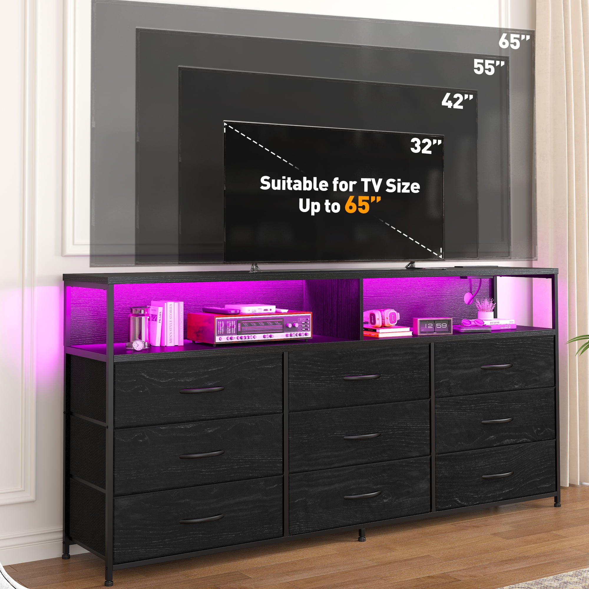 EnHomee Black Dressers TV Stand for 65"TV LED Dresser for Bedroom with 9 Fabric Drawers & Power Outlet, 55.12"Lx11.81"Wx35.43"H