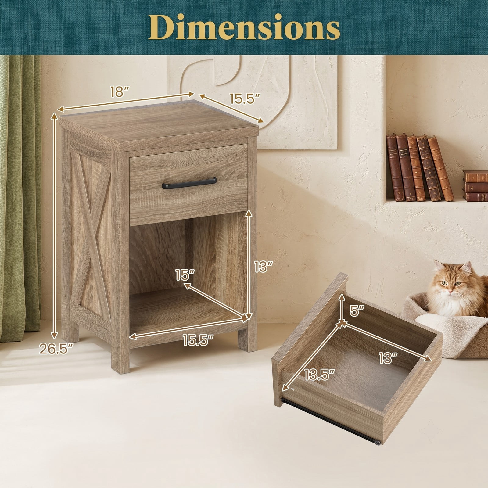 Furnibear Farmhouse Nightstand with Drawer and Open Shelf Bedside Table with X Side Accents for Bedroom Living Room, Natural
