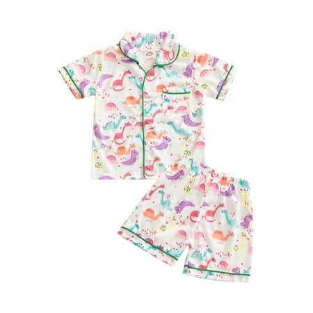 

Calsunbaby Toddler Girls 2Pcs Pajamas Suit Cartoon Dinosaur Print Turn-Down Collar Short Sleeve One Pocket Shirt Elastic Short Pants