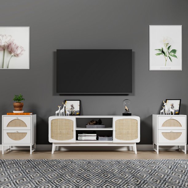 Resenkos White Nightstand Set of 2 for Bedroom, Wood Rattan Bedside