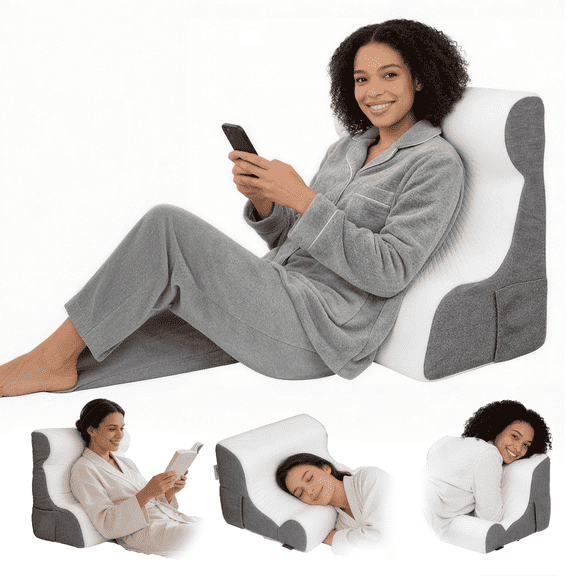 ORFELD Wedge Pillow for Sleeping,Resting,Back Pain Relief and Post Surgery,Memory Foam Cushion with Grey and White Patterned Polyester Cover, Ideal for Bedroom & Living Room,White