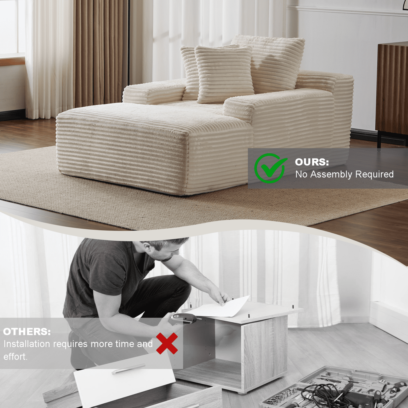 Oversized Chaise Lounge Chair Indoor, Corduroy Upholstered Sleeper Sofa Daybed with 3 Throw Pillows and Wide Armrest for Living Room, No Assembly Required,White