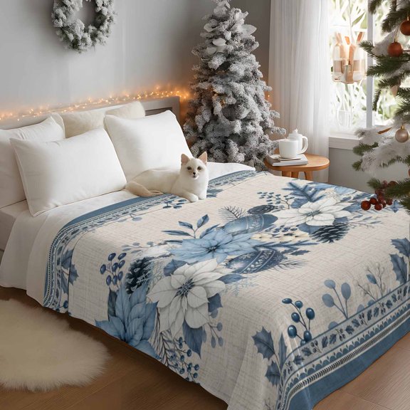 Throw Blanket Fleece Throw Blanket 50x60in, Christmas Poinsettia Flower Leaves Soft Lightweight Bed Blankets Rustic Floral Berry Linen Fuzzy Couch Blankets for All Season