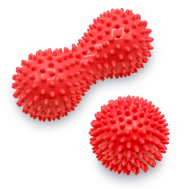 Pelota de masaje con pinchos, pelota de masaje con forma de erizo de 9 cm y rodillo de masaje para pies de 15 cm, juego de pelotas de masaje - rojo