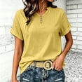 thumbnail image 2 of oqasdz Womens T Shirts Solid Color V Neck Button Detail Top Stylish Casual Blouse Short Sleeve Crewneck Soft Everyday Wear Tshirts,Light Yellow,2XL, 2 of 4