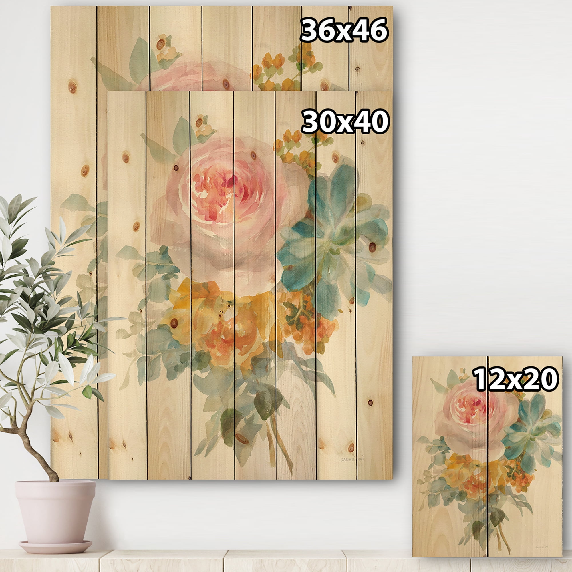 Designart 'Multicolor French Bouquet I' Farmhouse Print on Natural Pine Wood