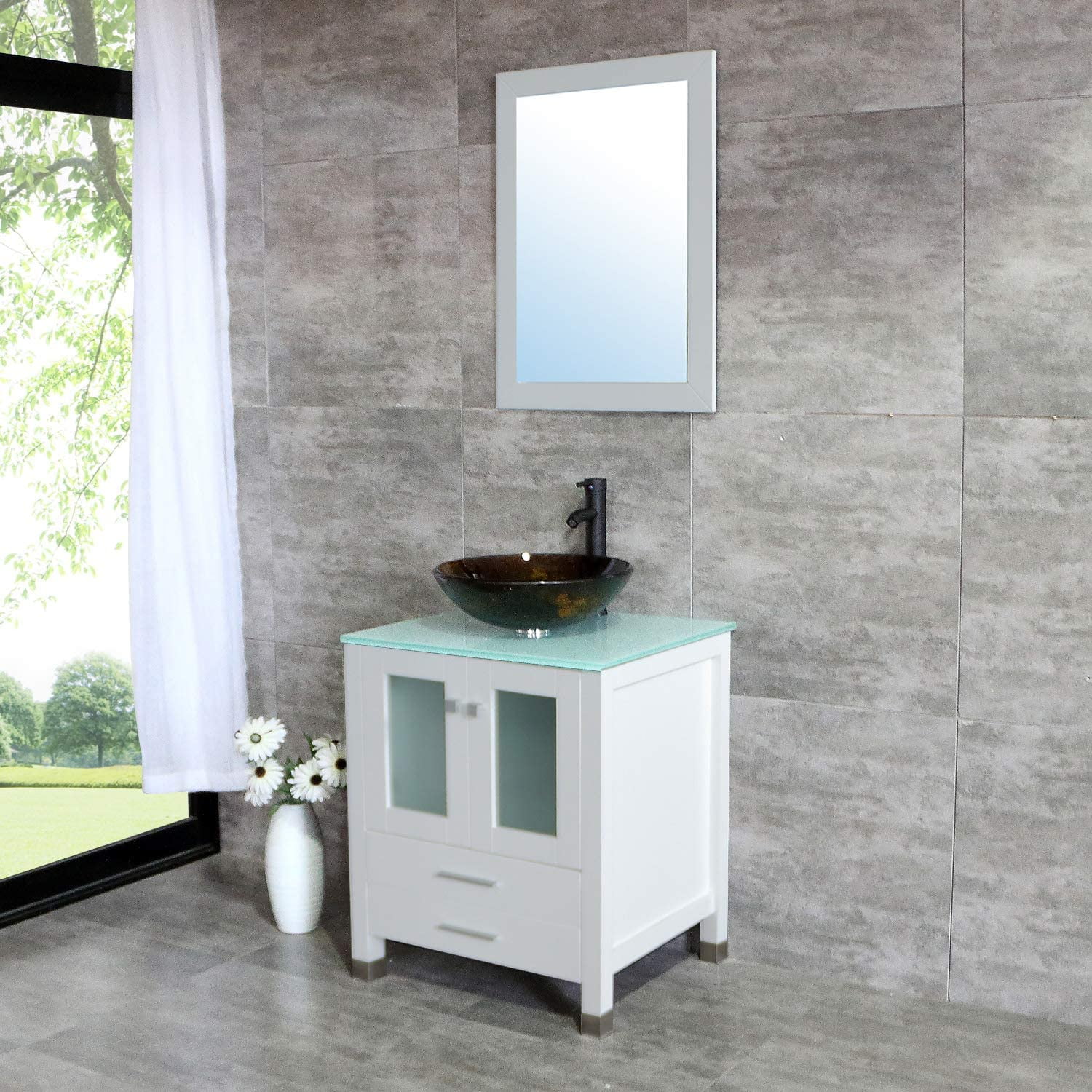 24" White Bathroom Vanity ，Vessel /Round Glass Sink， w/Faucet