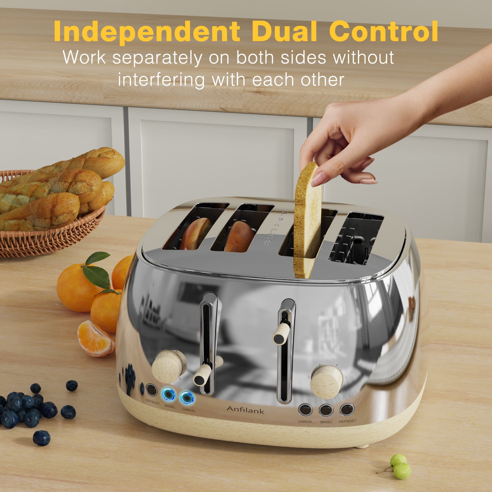 ANFILANK 4-Slice Retro Stainless Steel Toaster with Extra Wide Slots, Removable Crumb Tray & Warming Rack - Perfect for Bread & Breakfast Sandwiches