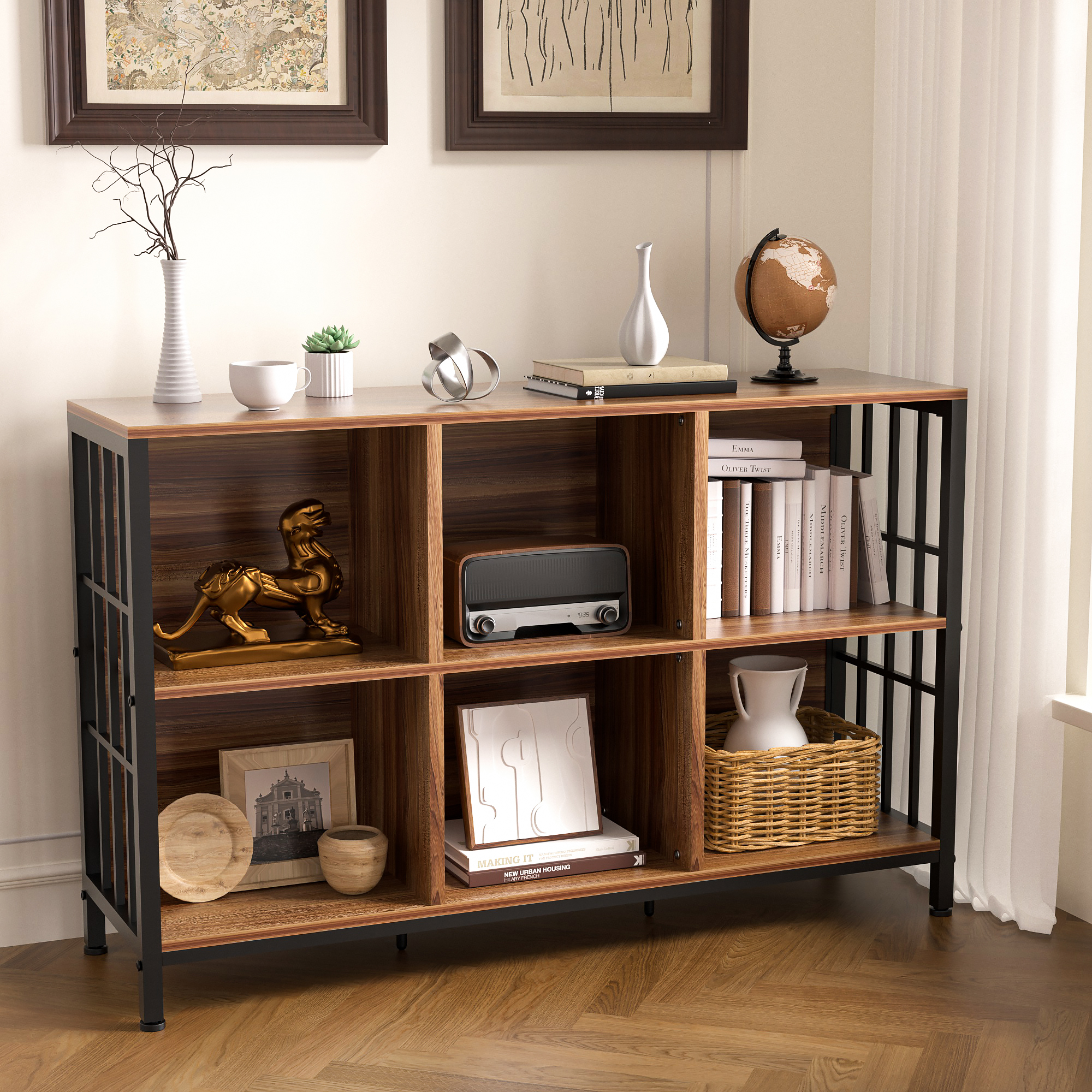 HOHYN Farmhouse 3 Tier Open Book Shelf, Wood and Metal 6 Cube Storage Organizer, Modern Low Horizontal Bookshelf for Bedroom Family, Long Wide Office Cubby Bookcase with Storage, Rustic Brown