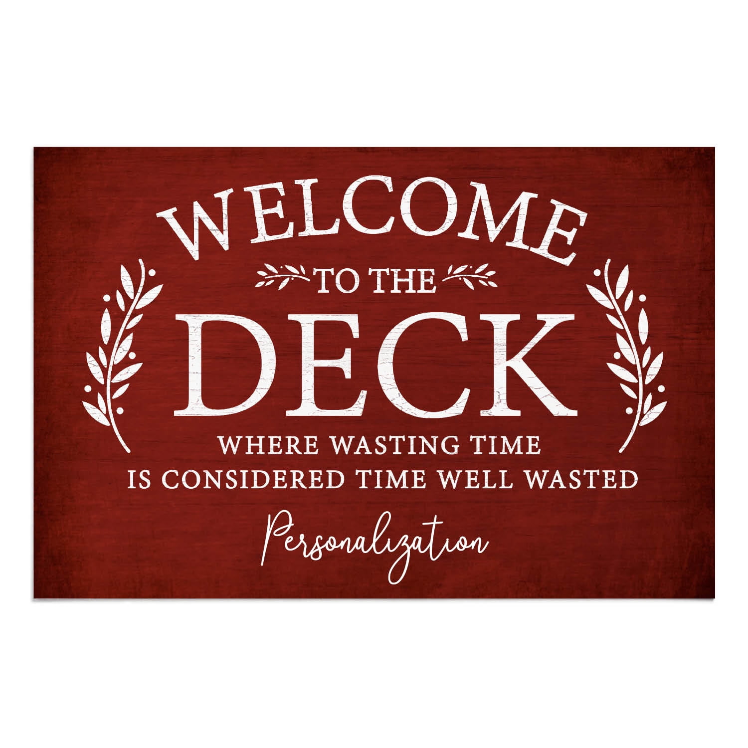 Personalized Planet 27x18 Welcome To The Deck Where Wasting Time is Considered Time Well Wasted Doormat with Custom Name Printed on Red Rectangular 1/8” Thick Non Slip Mat