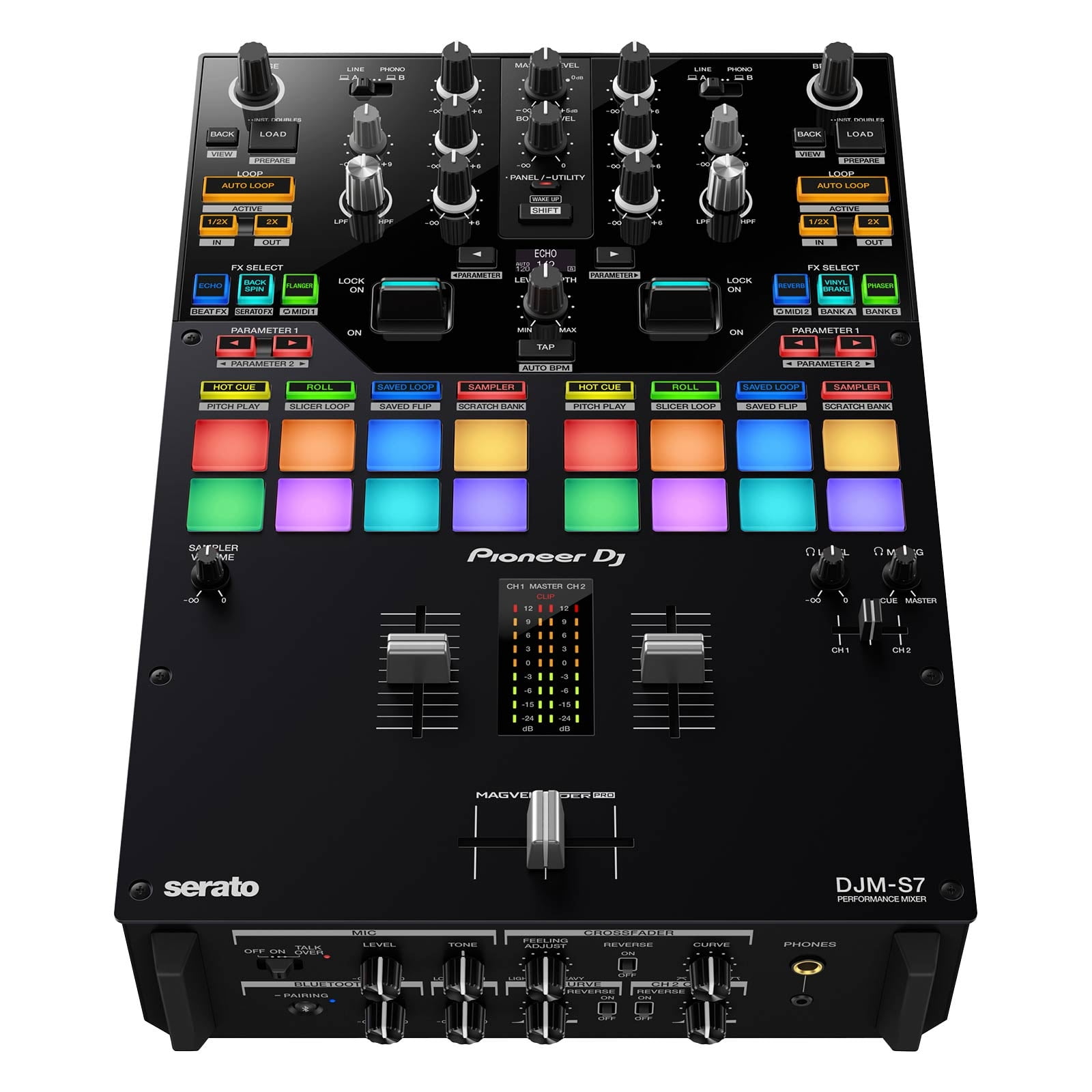 Pioneer DJ DJM-S7 Scratch Style 2 Channel Performance Mixer with Black Over-Ear DJ Headphones Package