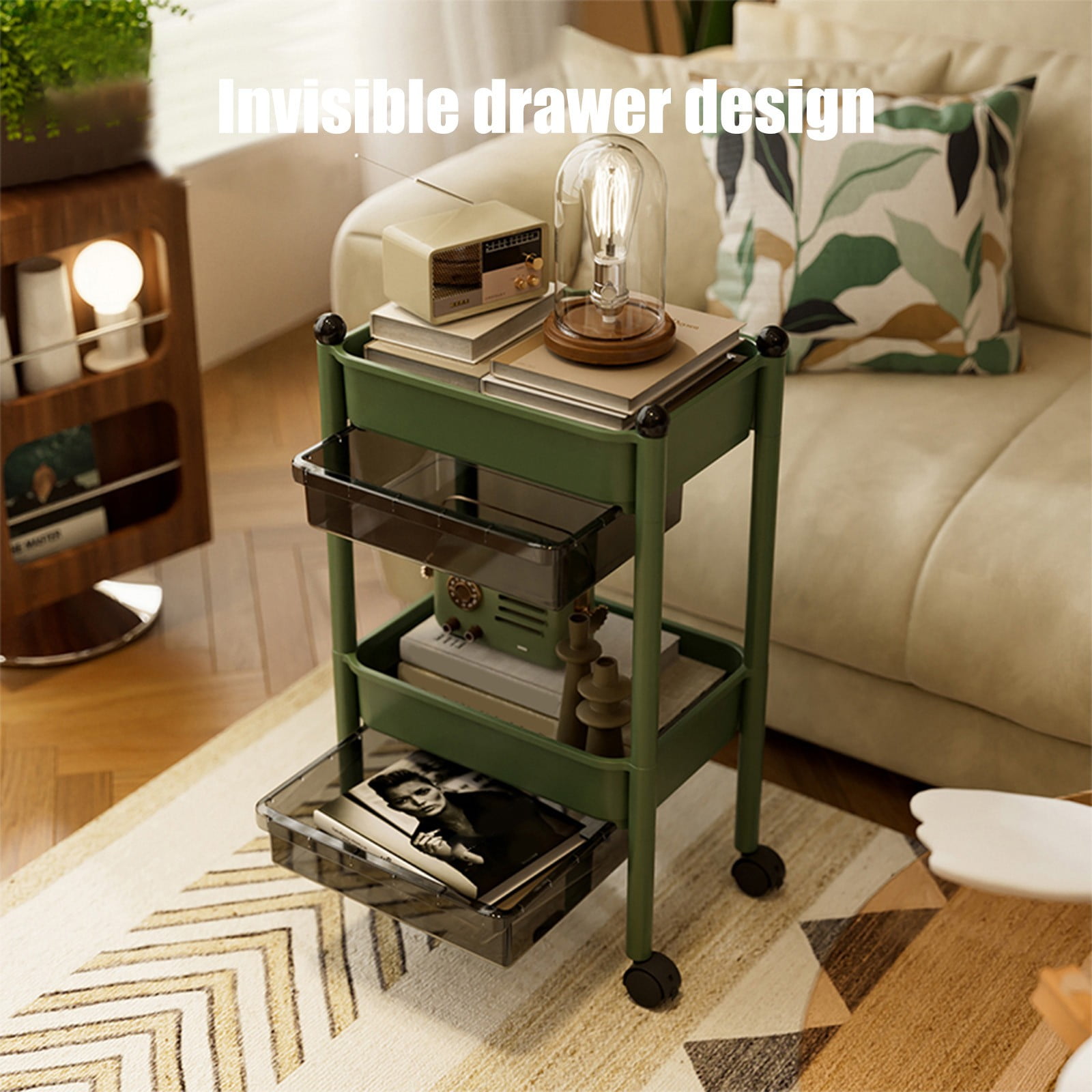 Tupukom 2-Tier Rolling Carts with Wheels Rolling Cart Organizer with Wheels & Reinforced Handle Lightweight Utility Cart for Room Office Kitchen Bathroom,Green