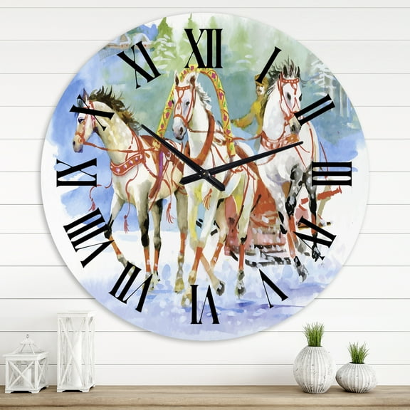 Designart 'Galoping Horses With Carriage In The Snow' Farmhouse Wall Clock