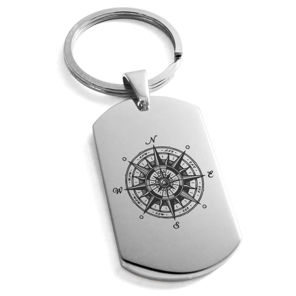 Tioneer Stainless Steel Nautical Vintage Compass Engraved Dog Tag Keychain Keyring