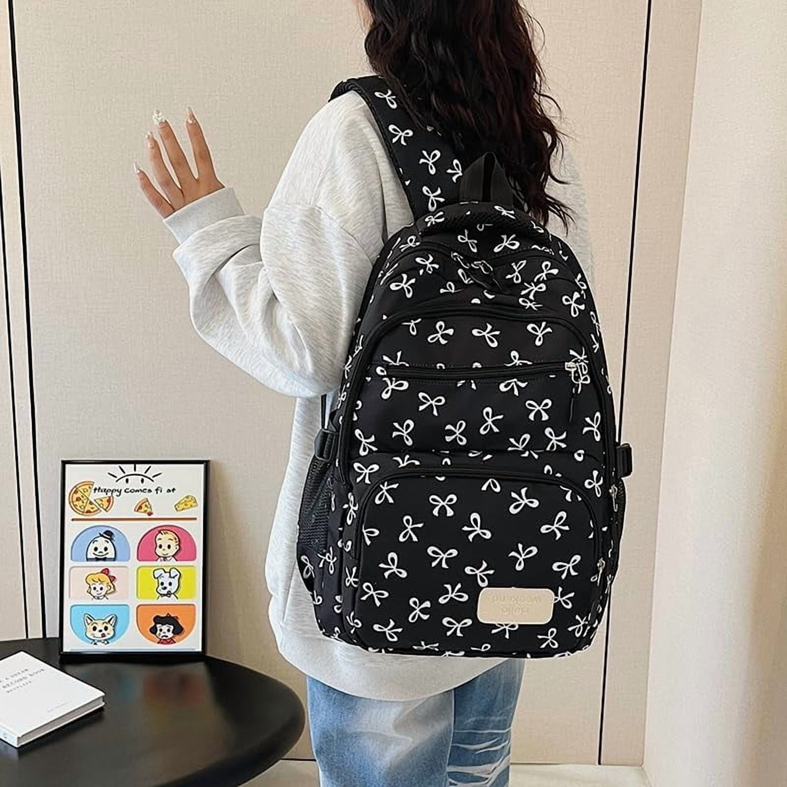 Lohol Coquette Aesthetic Backpack - Cute Kawaii Bow Rucksack for Women, Trendy & Lightweight Nylon Daypack (A03 Bow Black)