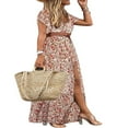 thumbnail image 3 of Robe Boho Femme Imprimé Floral Col en V Robe Maxi Manches Courtes Fendue Robe de Soirée Été Plage, 3 of 9