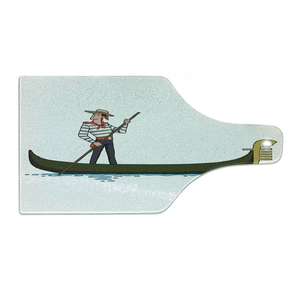 Cartoon Cutting Board, Image of Gondola in Romance City Venice European of Love Italian Design, Decorative Tempered Glass Cutting and Serving Board, Wine Bottle Shape, Brown White, by Ambesonne