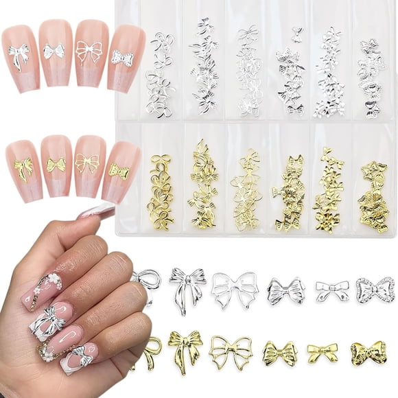 400Pcs Gold Silver Bow Nail Charms | 3D Alloy Bowknots with Rhinestones | Y2K Metal Jewelry | for Acrylic Nails & DIY Decor