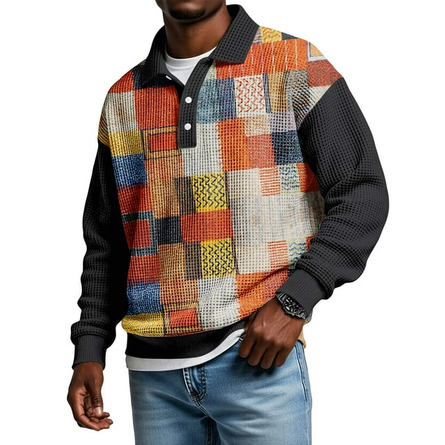 Nokdvo Men Sweatshirt Plus Size Lapel Button Down Color Block Sweatshirt Fall Winter Casual Lapel Long Sleeve Pullovers Shirt,Orange XL